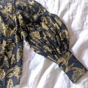 Equipment Gold and Black Puff Sleeve Ruffled Blouse